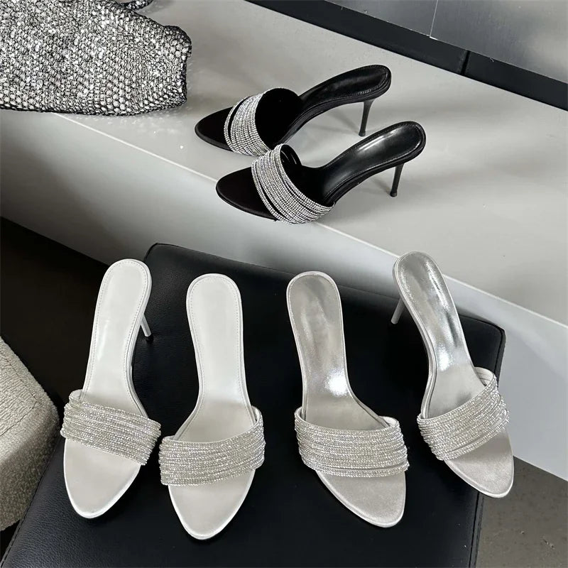 Crystal Women's Summer Street Narrow Band Thin High Heel Slippers