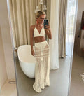 Lace Strappy Skirt Monochromatic Three Piece Swim Sets