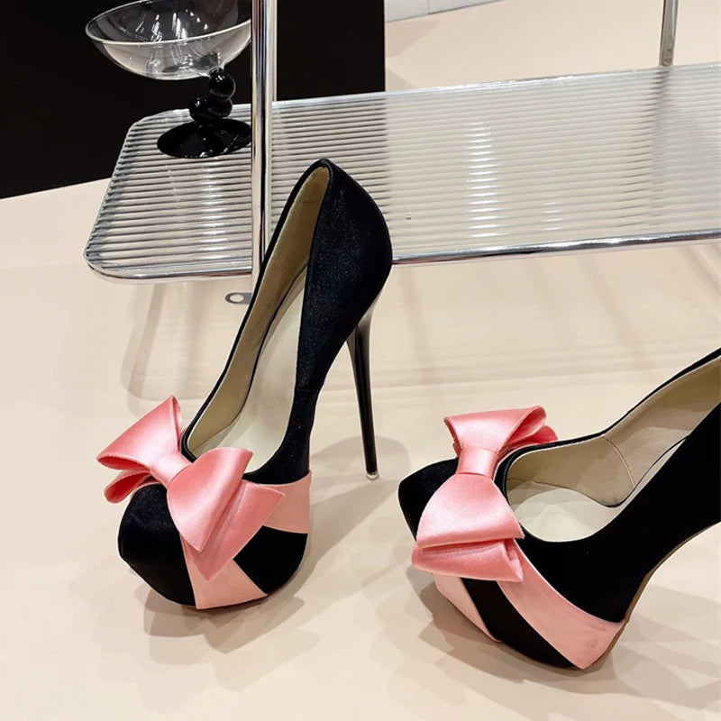 Bowknot Round Toe Platform Pumps for Women Wedding Banquet Shoes