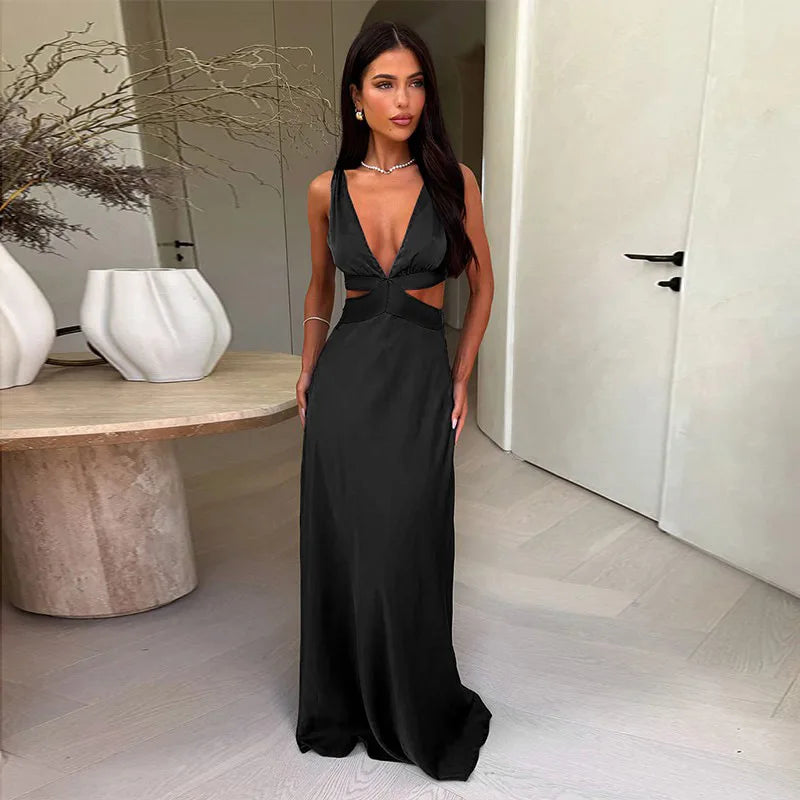 Satin Deep V-Neck Waist Cut Out Flowy Maxi Dress