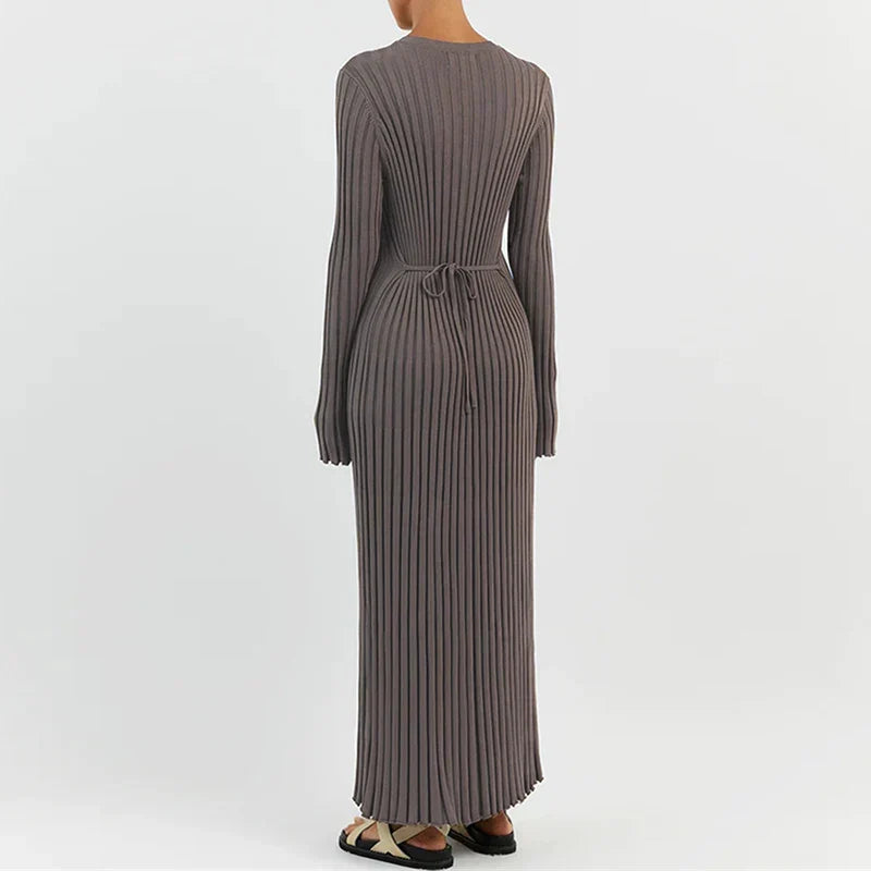 Ribbed Knit Crew Neck Lettuce Hem Long Sleeve Maxi Dress