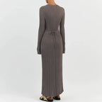 Ribbed Knit Crew Neck Lettuce Hem Long Sleeve Maxi Dress