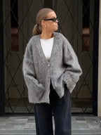 Knitted Cardigans Women Single Breasted Chic V-neck Loose Long Sleeve Sweater Winter Gray All-match Coat Tops