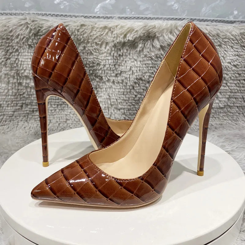 Coffee Brown Crocodile Women Sexy High Heels Party Shoes - 12cm