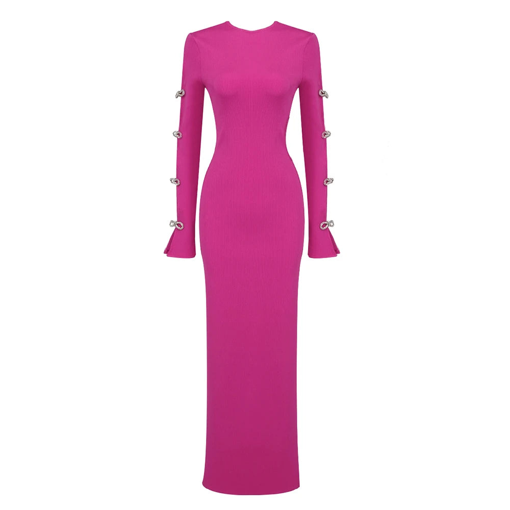 Alyssa Rhinestone Gown Dress with Bandage Long Sleeves and Cut Outs