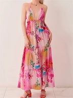 Floral Print Halter Deep V-Neck Tiered Ruffle Trim Maxi Dress