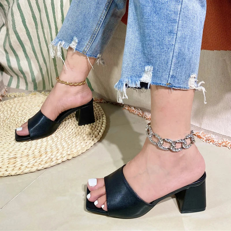 Cozy Leather Women Slippers Sandals with Open Toe and Low Square Heels