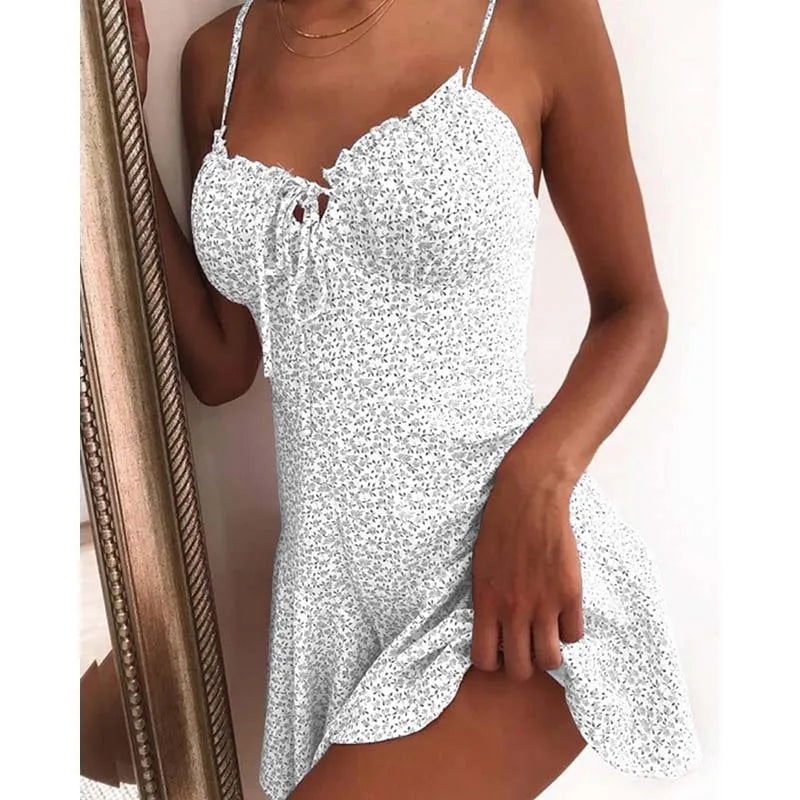 Ditsy Floral Sweetheart Lace Up Tie Front Ruffle Mini Dress