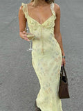 Ruffle Trim Tie Neck Spaghetti Strap Floral Print Bodycon Maxi Dress