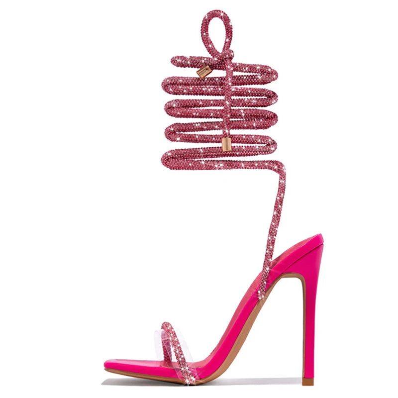 Gold Crystal Ankle Cross Strap Sandals for Women