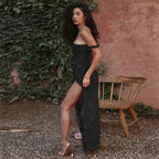 Square Neck Ruffle Strap Diagonal Ruffle High Slit Bodycon Maxi Dress