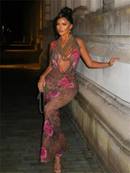 Floral Print Halter Neck Cowl Plunge Mesh Bodycon Maxi Dress