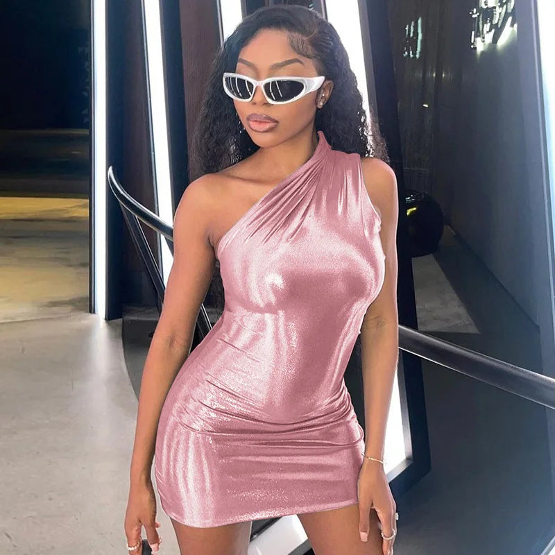 Metallic One Shoulder Bodycon Mini Dress
