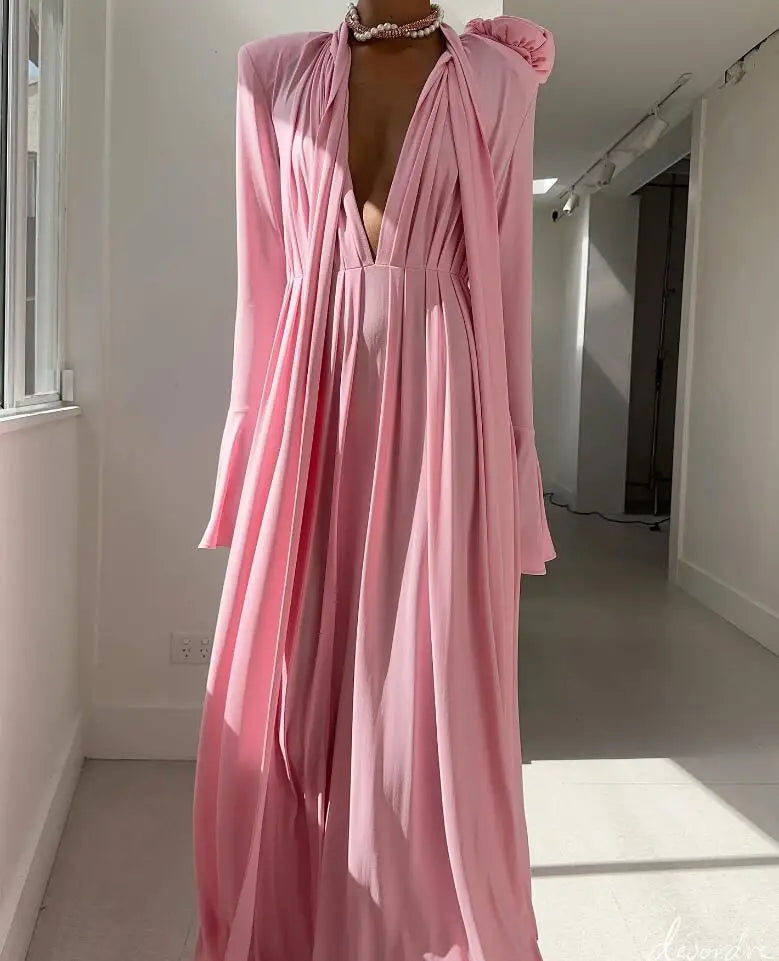 Deep V-Neck Bell Sleeve Scarf Tie Pleated Maxi Dress