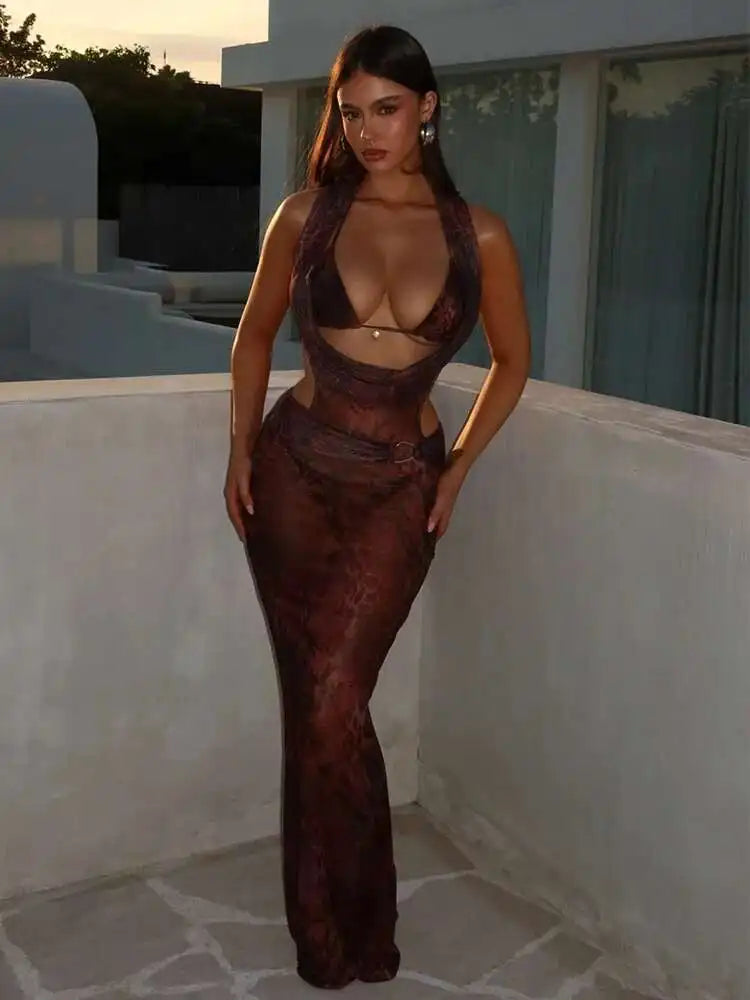 Halter Plunging Neck Cut Out Waist Ring Detail Psychedelic Print Bodycon Maxi Dress