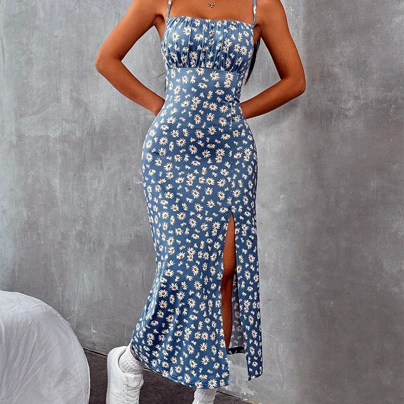 Daisy Print Square Neck Ruched Bust High Slit Midi Dress
