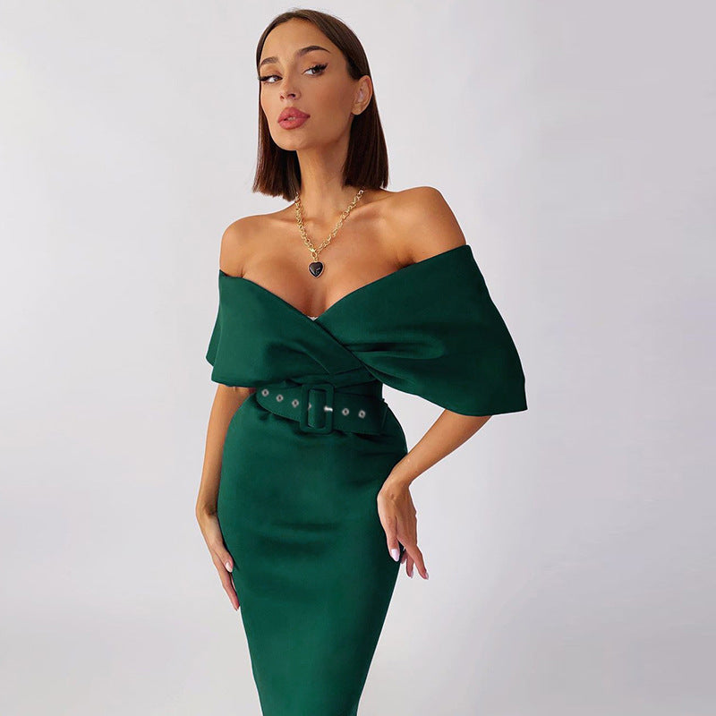 Off Shoulder Draped Cap Sleeve Wrap Belt Grommet Bodycon Midi Dress