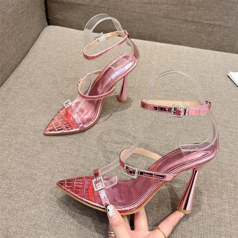 Summer Sexy Narrow Band Pointed Toe Thin Heels Sandals for Women with Buckle