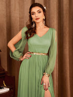 Cold Shoulder Bishop Sleeve Sequin Waist High Slit Chiffon Maxi Gown