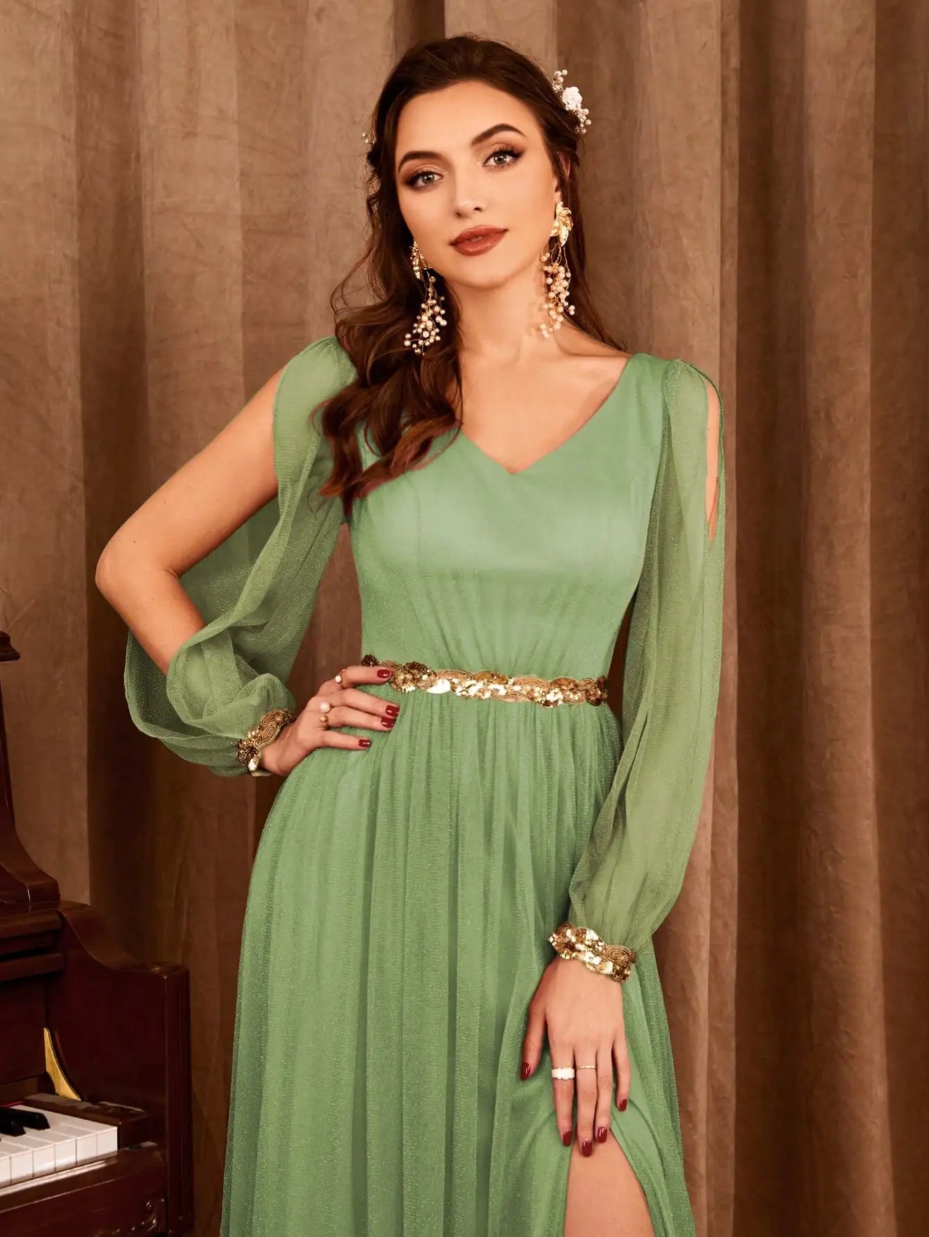 Cold Shoulder Bishop Sleeve Sequin Waist High Slit Chiffon Maxi Gown