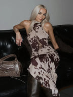Cow Print Halter Lace Up Ruched Bodycon Maxi Dress