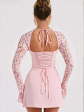 Lace Long Sleeve Open Back Lace Up Smocked Corset Back Mini Dress