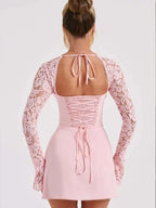 Lace Long Sleeve Open Back Lace Up Smocked Corset Back Mini Dress