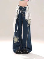 Women's Blue Baggy Star Jeans Harajuku Aesthetic Denim Trousers Y2k Vintage Japanese 2000s Style Jean Pants Trashy Clothes