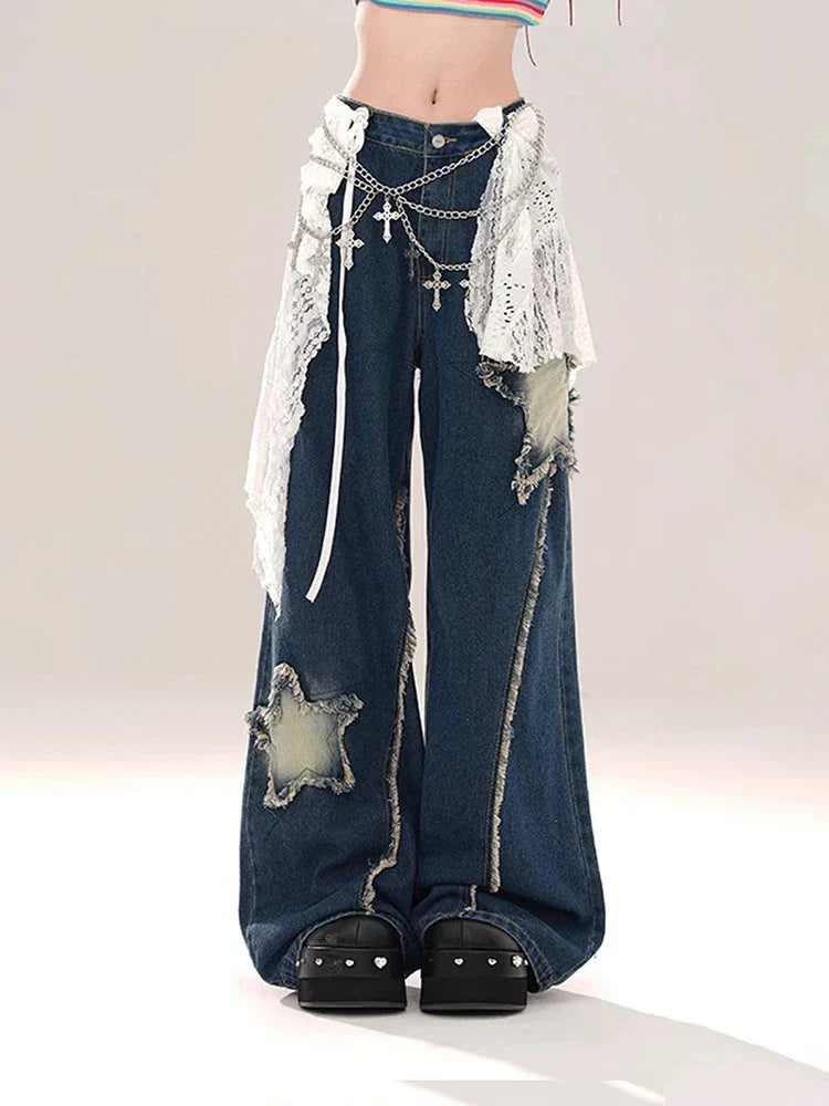Women's Blue Baggy Star Jeans Harajuku Aesthetic Denim Trousers Y2k Vintage Japanese 2000s Style Jean Pants Trashy Clothes