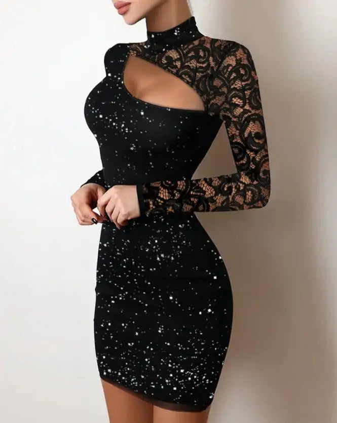 Glitter Mock Neck Chest Cutout Asymmetric Lace Sleeve Mini Dress
