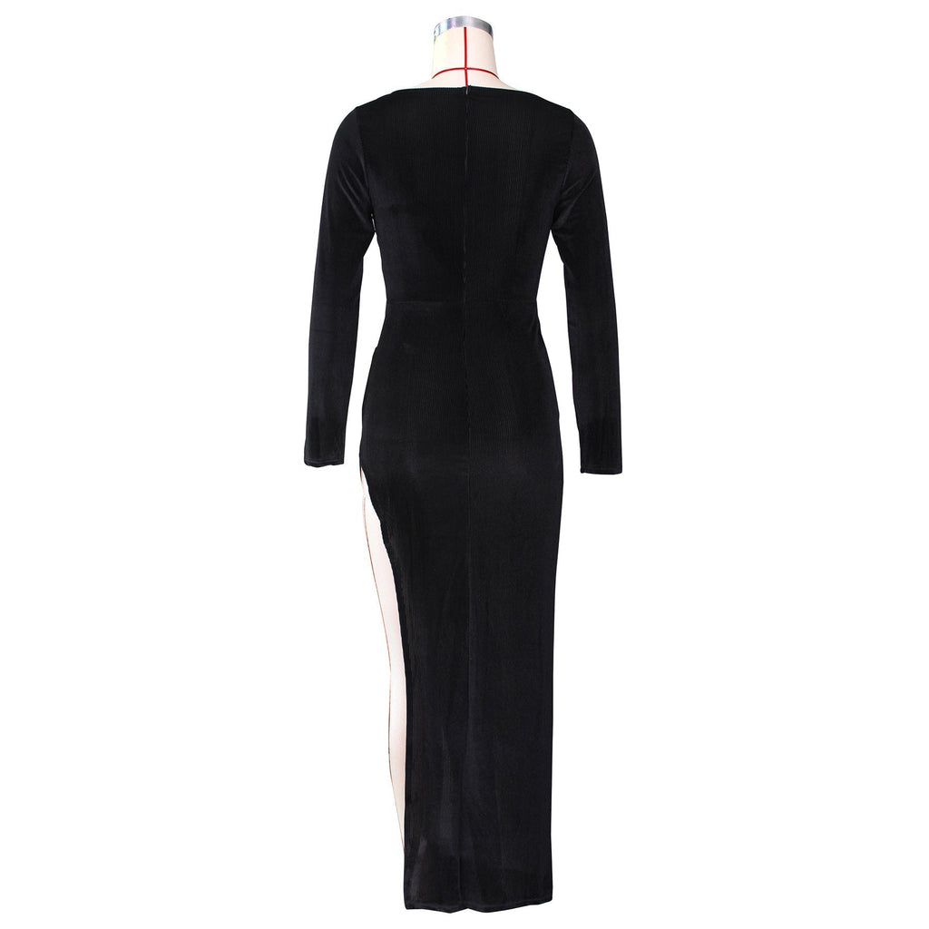 Square Neck Ruched Waist High Slit Long Sleeve Maxi Dress