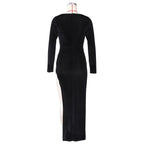 Square Neck Ruched Waist High Slit Long Sleeve Maxi Dress