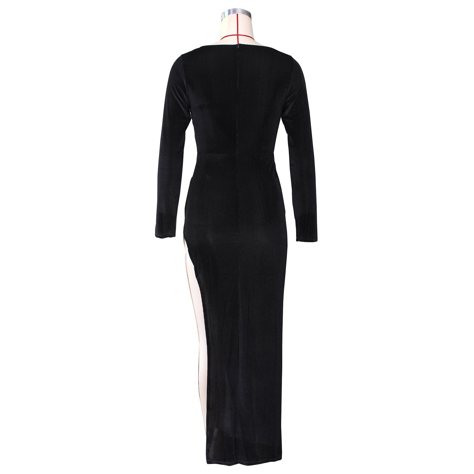 Square Neck Ruched Waist High Slit Long Sleeve Maxi Dress
