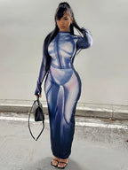 Body Print Mock Neck Long Sleeve Bodycon Maxi Dress