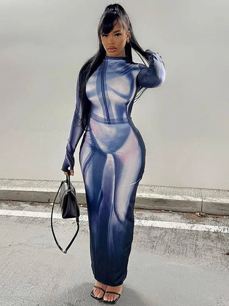 Body Print Mock Neck Long Sleeve Bodycon Maxi Dress