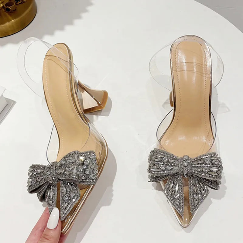 Crystal Sequined Bowknot Women Pumps with Sexy Pointed Toe High Heels