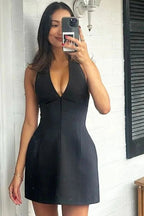 V-Neck Backless Patchwork Mini Dress with High Waist