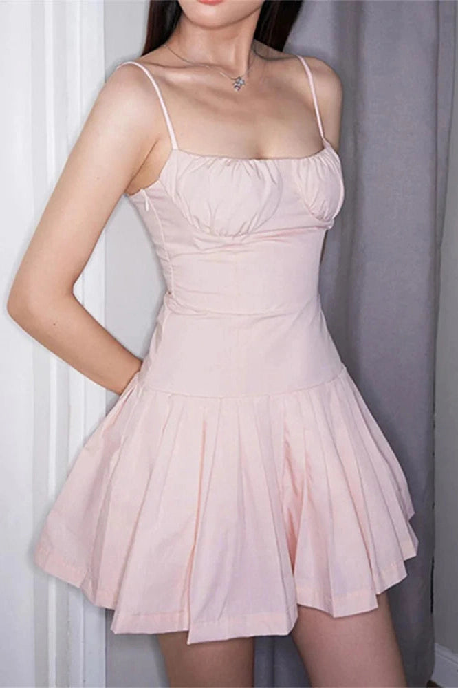 Pleated A-Line Backless High Waist Mini Dress