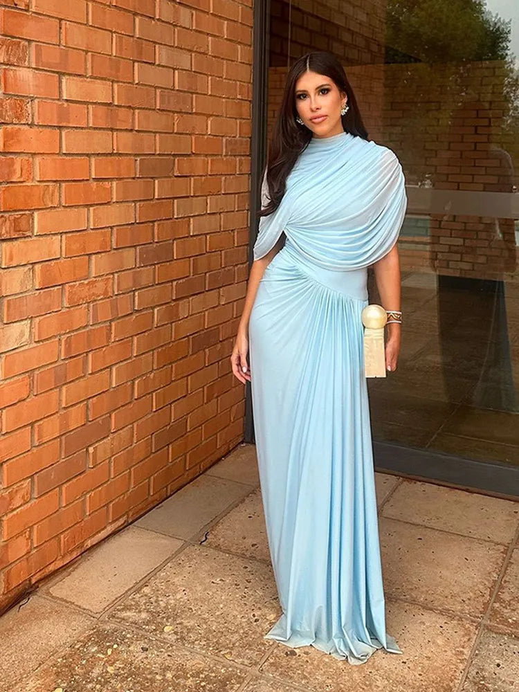 Mock Neck Draped Wrap Cape Overlay Sunray Pleated Maxi Dress