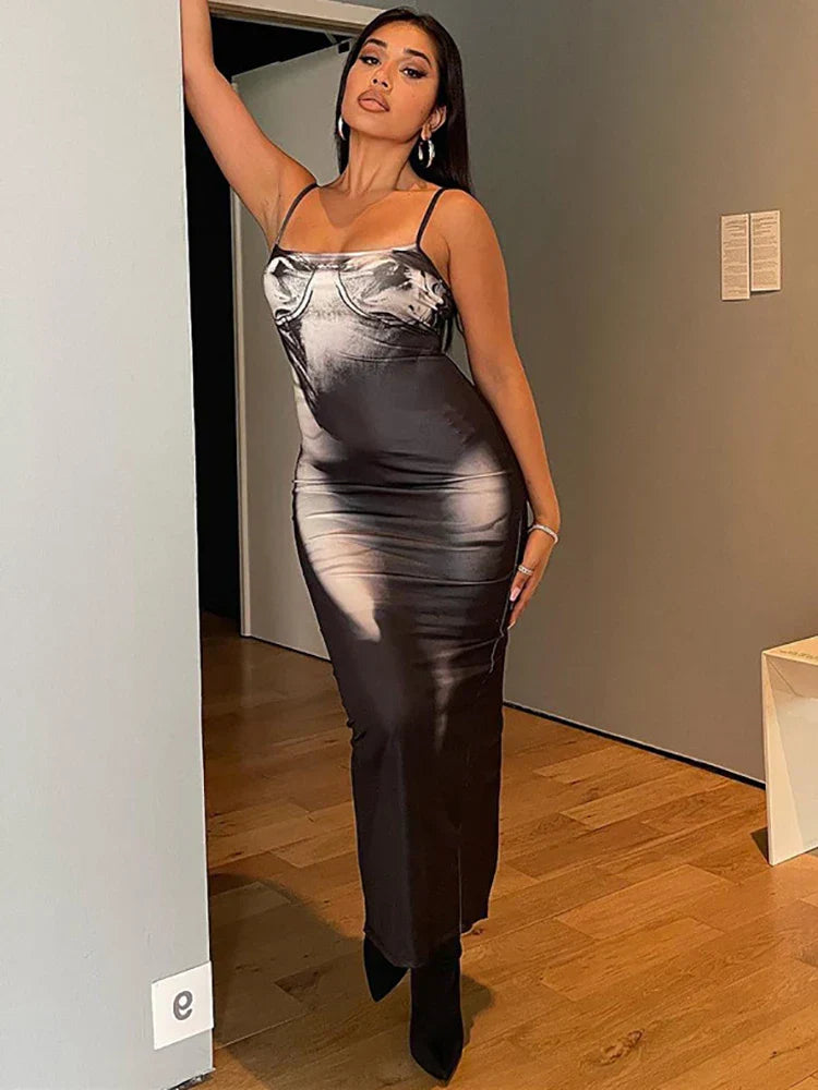 Trompe Loeil Body Print Spaghetti Strap Square Neck Bodycon Maxi Dress