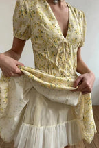 Patchwork Mini Dress with Deep V-Neck and Short Sleeves