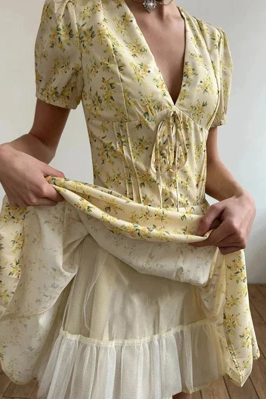 Patchwork Mini Dress with Deep V-Neck and Short Sleeves