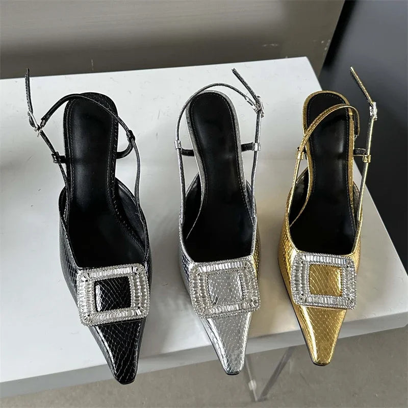 Spring Autumn Women Pumps Designer Pointed Toe Buckle Strap Thin Heels Gold Silver