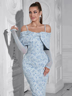 Off Shoulder Bow Detail Floral Jacquard Sheer Long Sleeve Bodycon Midi Dress