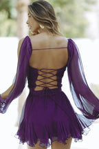Elegant Pleated Backless Mini Dress with Long Sleeves