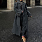 Casual Gray Striped Women Long Coats Elegant Woolen Lapel Long Sleeve Back Split Loose Jackets Autumn Chic Street Outwears