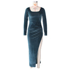 Square Neck Ruched Waist High Slit Long Sleeve Maxi Dress