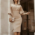 Lantern Sleeve Ribbed Knit High Waist Bodycon Midi Dress