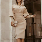 Lantern Sleeve Ribbed Knit High Waist Bodycon Midi Dress