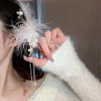 Lizakosht Unique Long White Feather Pearl Tassel Earrings for Women Creative Clip-On Party Jewelry No Piercing